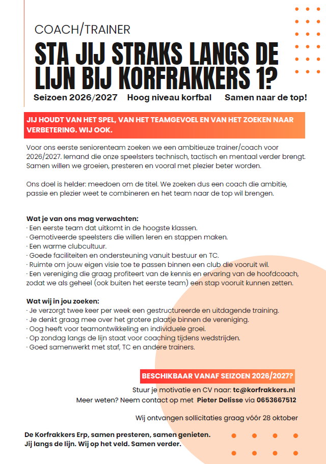 Word jij onze nieuwe coach van Korfrakkers 1?